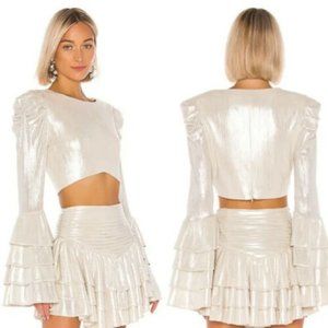 RETROFETE Lydia Tiered Ruffled Sleeves Cropped Top Metallic